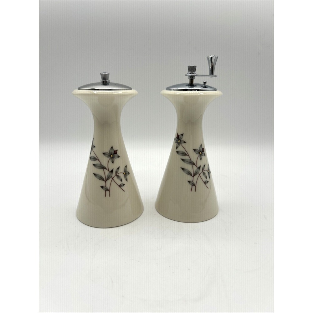 Lenox Salt Shaker and Pepper Mill Set Cream Floral Chrome Top Mid Century Modern